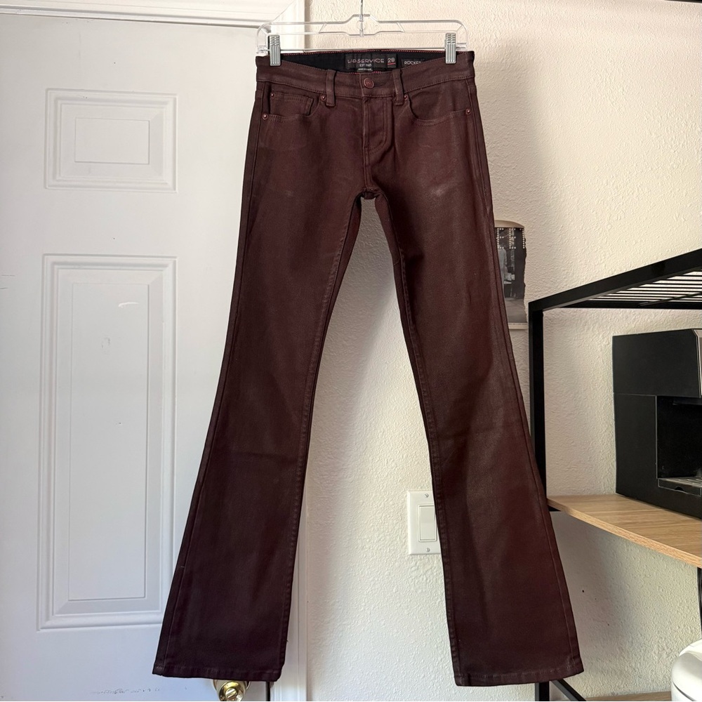 LIP SERVICE‎ burgundy maroon waxed denim rocket flare bootcut pants jeans